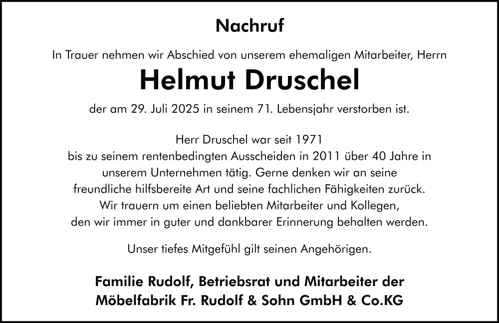  Traueranzeige für Helmut Druschel vom 02.08.2025 aus FZ