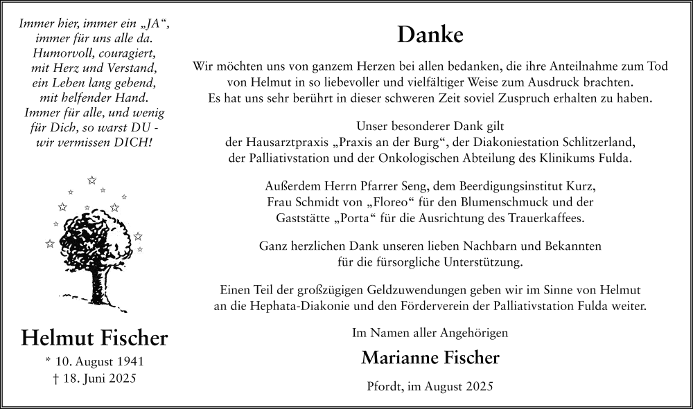  Traueranzeige für Helmut Fischer vom 23.08.2025 aus FZ