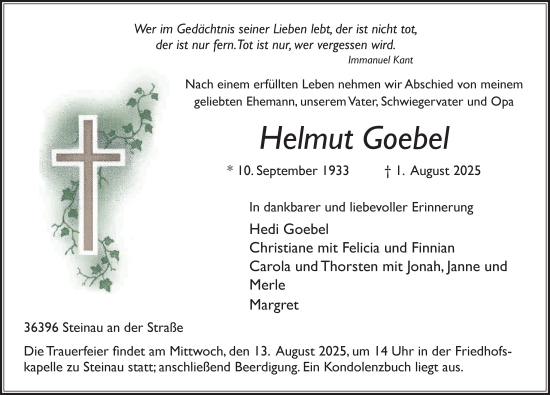 Traueranzeige von Helmut Goebel von FZ