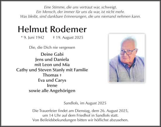 Traueranzeige von Helmut Rodemer von FZ