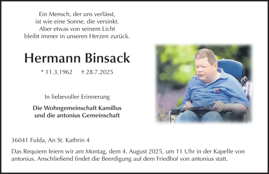 Traueranzeige von Hermann Binsack von FZ