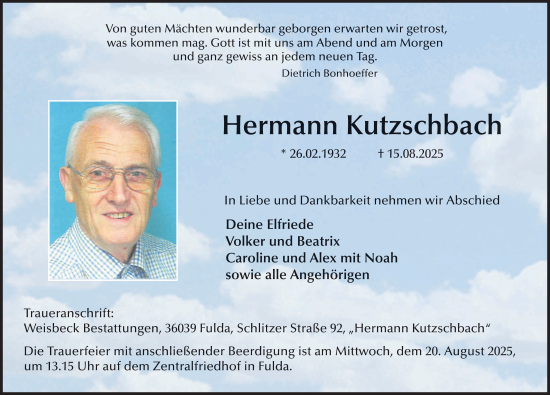 Traueranzeige von Hermann Kutzschbach von FZ