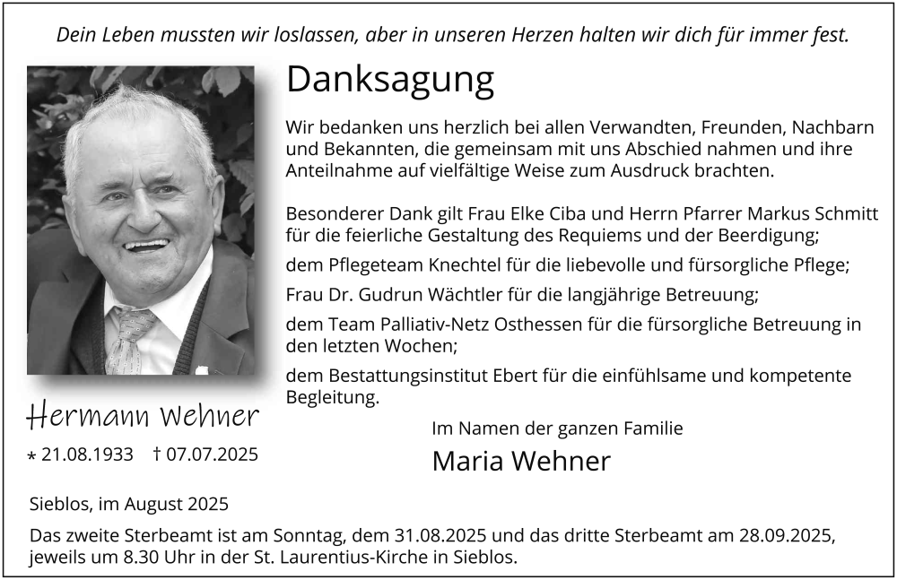  Traueranzeige für Hermann Wehner vom 16.08.2025 aus FZ