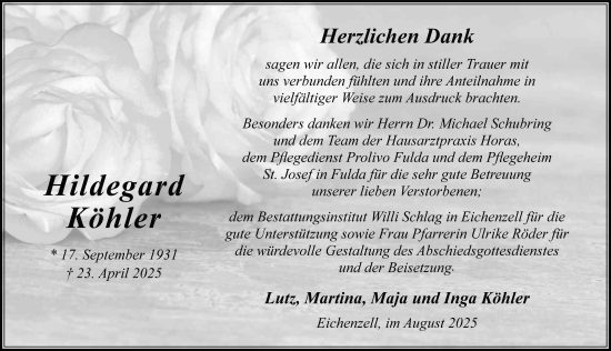 Traueranzeige von Hildegard Köhler von FZ