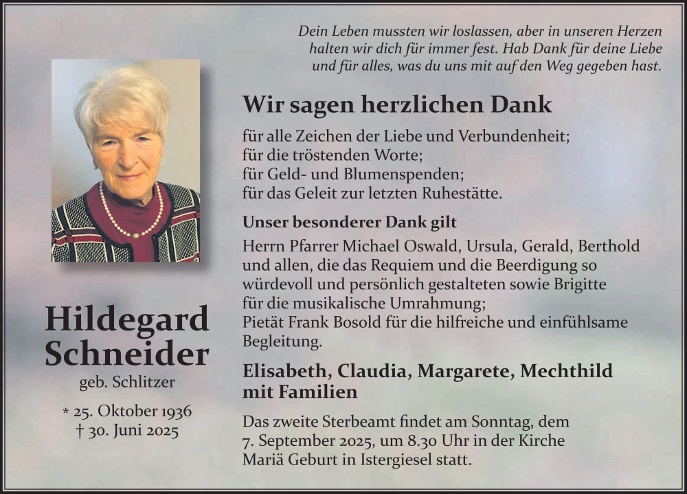  Traueranzeige für Hildegard Schneider vom 16.08.2025 aus FZ