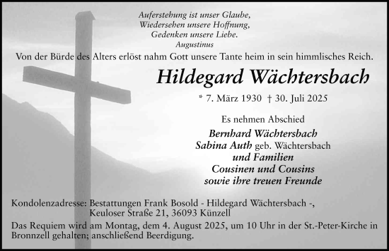 Traueranzeige von Hildegard Wächtersbach von FZ