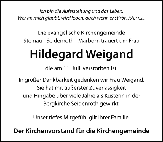 Traueranzeige von Hildegard Weigand von FZ
