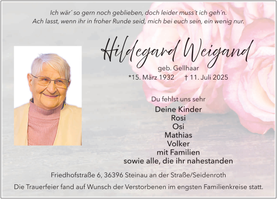 Traueranzeige von Hildegard Weigand von FZ