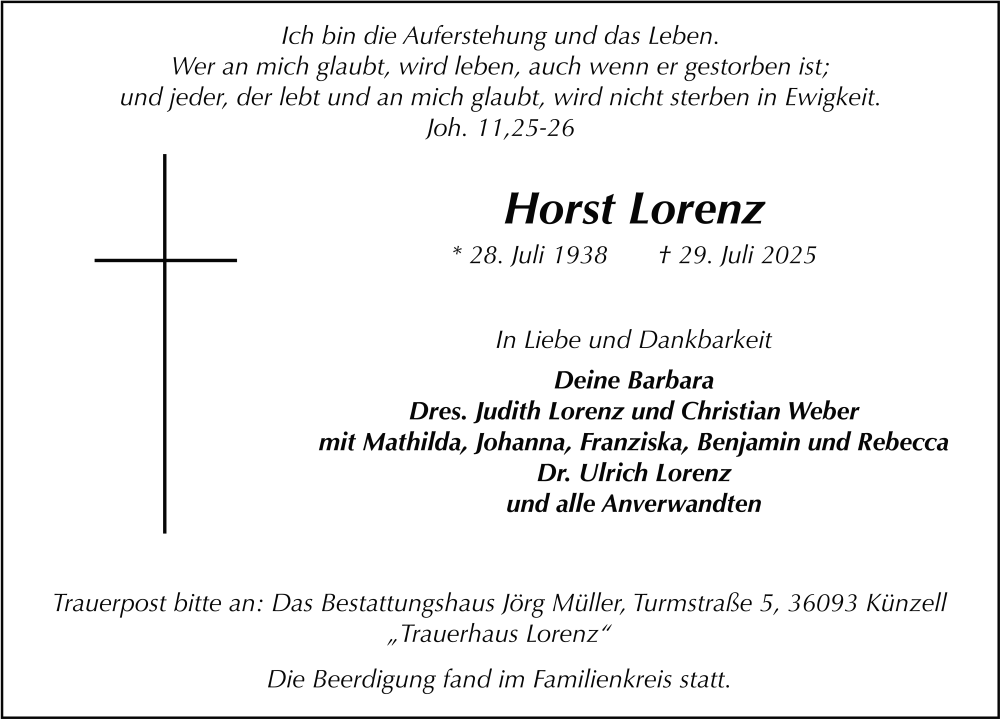  Traueranzeige für Horst Lorenz vom 06.08.2025 aus FZ