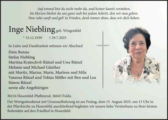 Traueranzeige von Inge Niebling von FZ