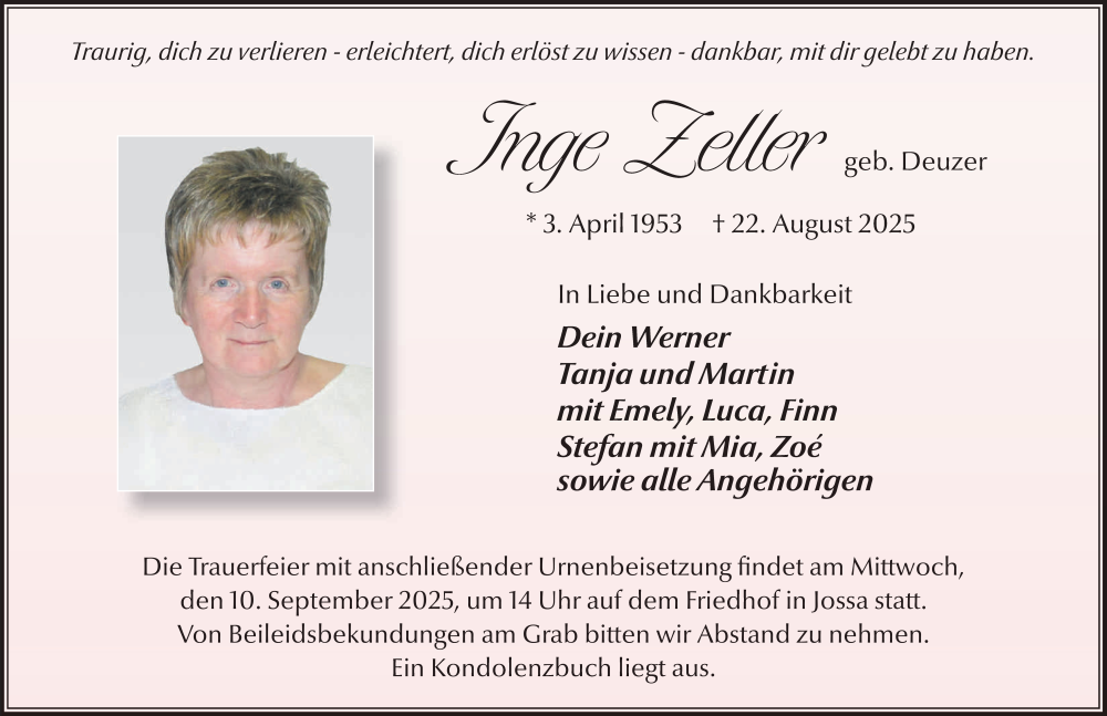  Traueranzeige für Inge Zeller vom 30.08.2025 aus FZ