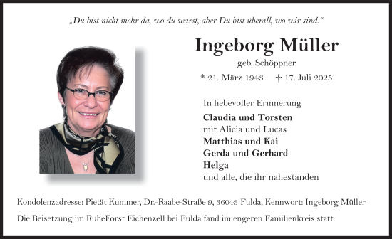 Traueranzeige von Ingeborg Müller von FZ