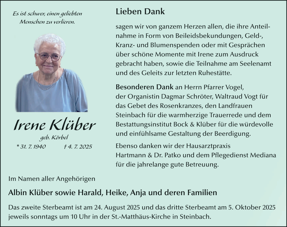  Traueranzeige für Irene Klüber vom 16.08.2025 aus FZ