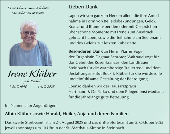 Traueranzeige von Irene Klüber von FZ