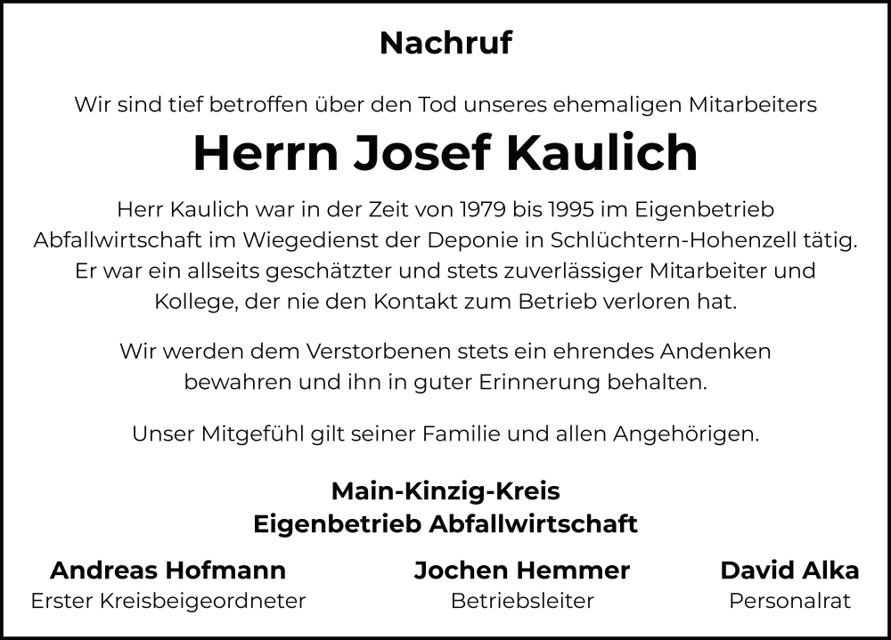  Traueranzeige für Josef Kaulich vom 30.08.2025 aus FZ