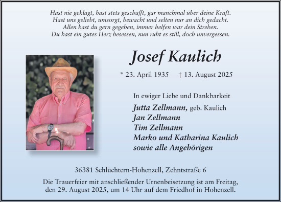 Traueranzeige von Josef Kaulich von FZ