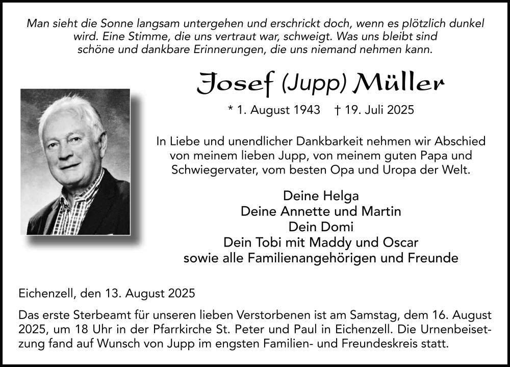 Traueranzeige für Josef Müller vom 13.08.2025 aus FZ