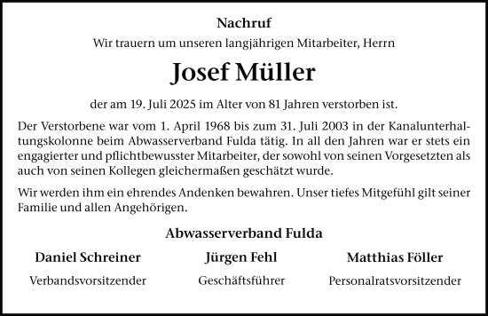 Traueranzeige von Josef Müller von FZ