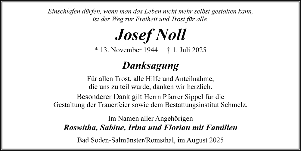  Traueranzeige für Josef Noll vom 09.08.2025 aus FZ