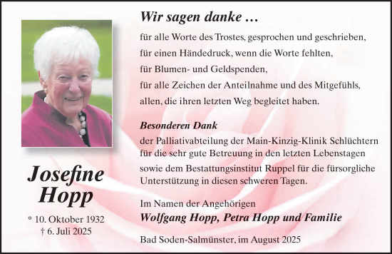 Traueranzeige von Josefine Hopp von FZ