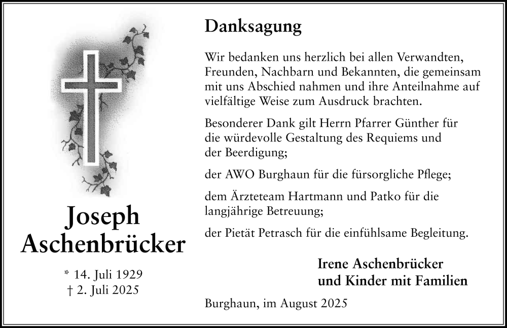  Traueranzeige für Joseph Aschenbrücker vom 02.08.2025 aus FZ