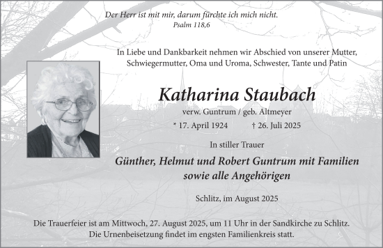 Traueranzeige von Katharina Staubach von FZ