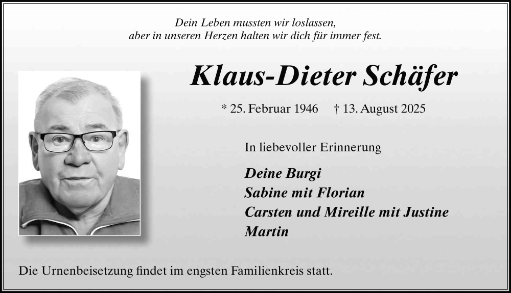  Traueranzeige für Klaus-Dieter Schäfer vom 23.08.2025 aus FZ