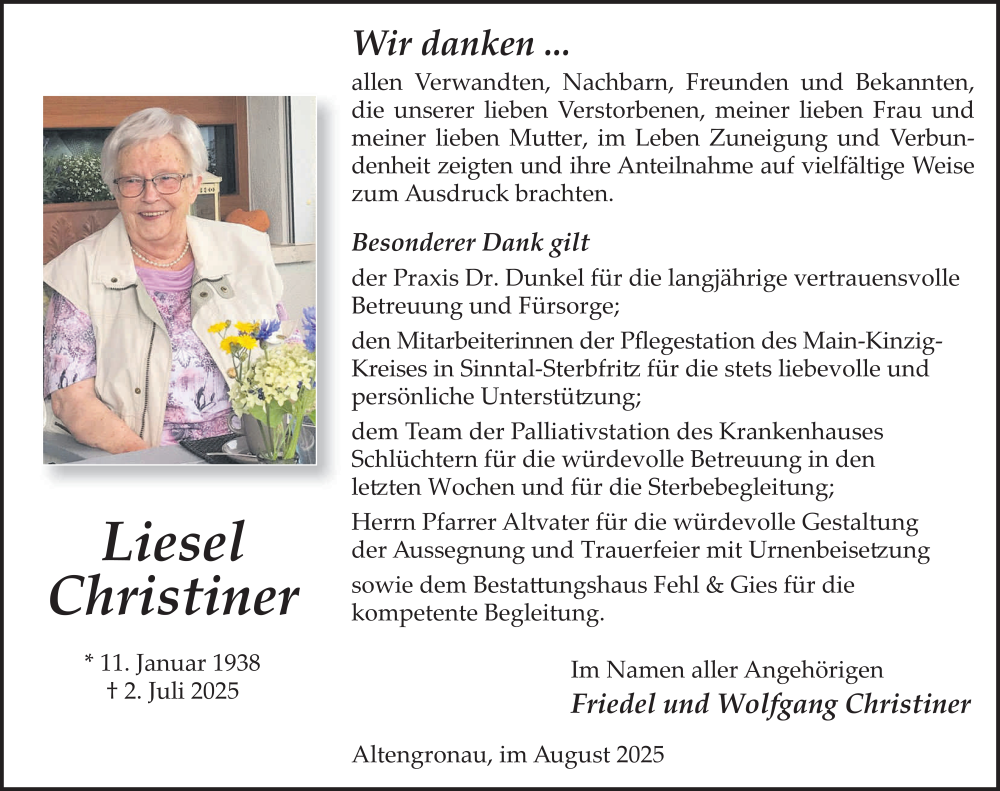  Traueranzeige für Liesel Christiner vom 02.08.2025 aus FZ