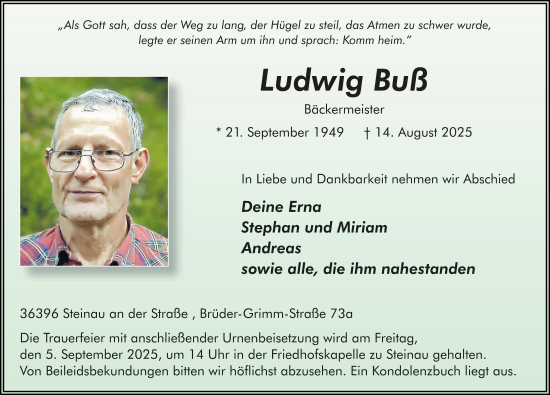 Traueranzeige von Ludwig Buß von FZ