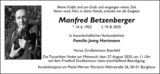 Traueranzeige von Manfred Betzenberger von FZ