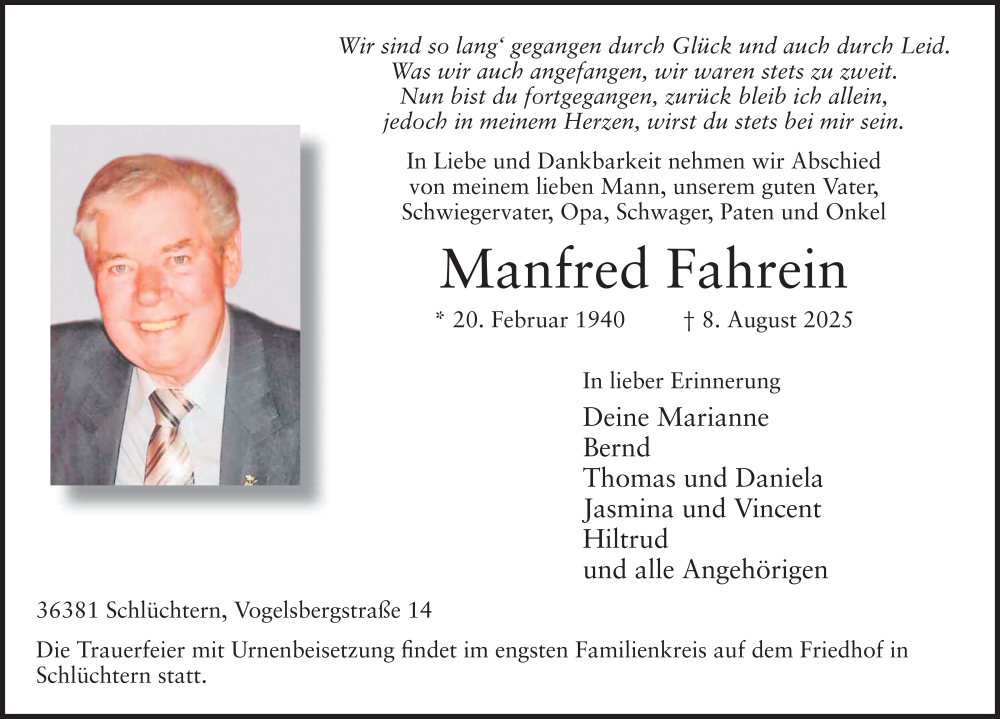  Traueranzeige für Manfred Fahrein vom 16.08.2025 aus FZ