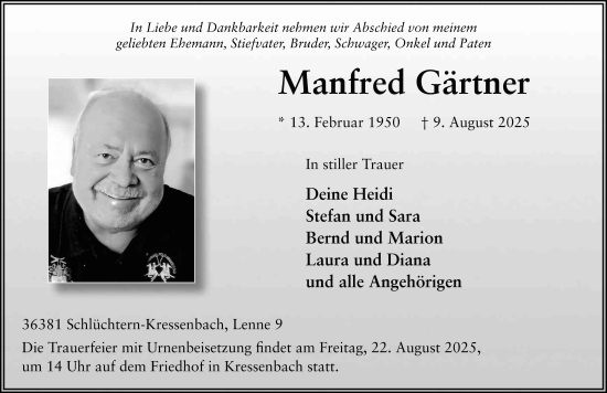 Traueranzeige von Manfred Gärtner von FZ