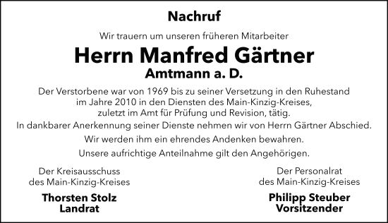 Traueranzeige von Manfred Gärtner von FZ