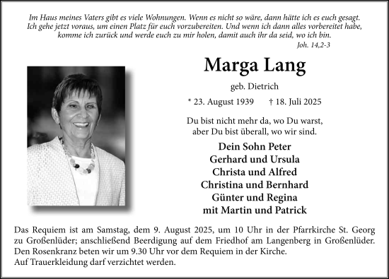 Traueranzeige von Marga Lang von FZ