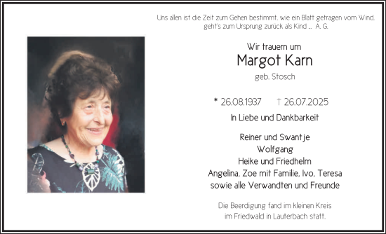 Traueranzeige von Margot Karn von FZ