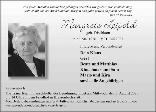 Traueranzeige von Margrete Leipold von FZ