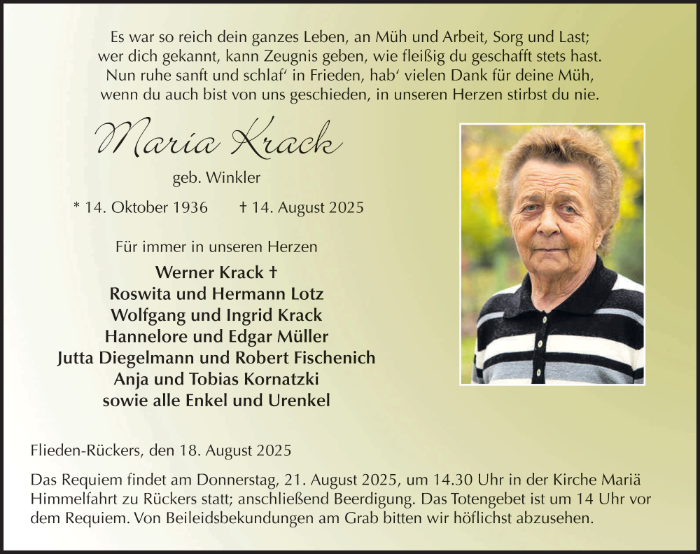  Traueranzeige für Maria Krack vom 18.08.2025 aus FZ