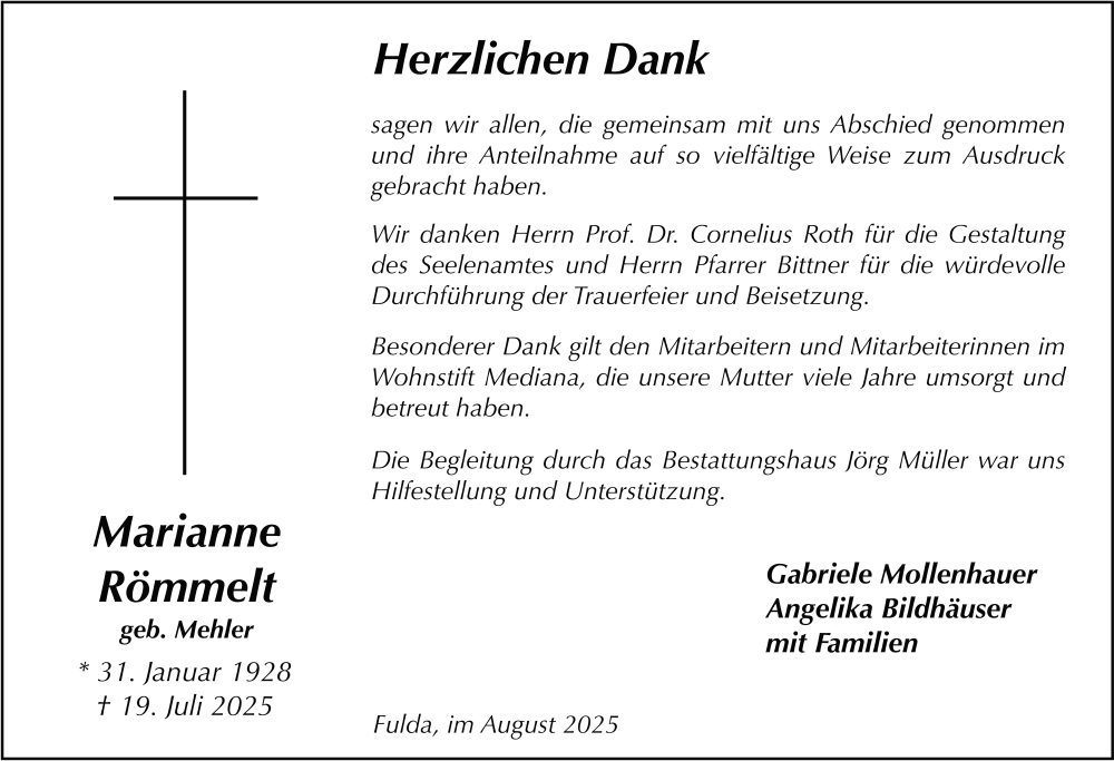  Traueranzeige für Marianne Römmelt vom 30.08.2025 aus FZ