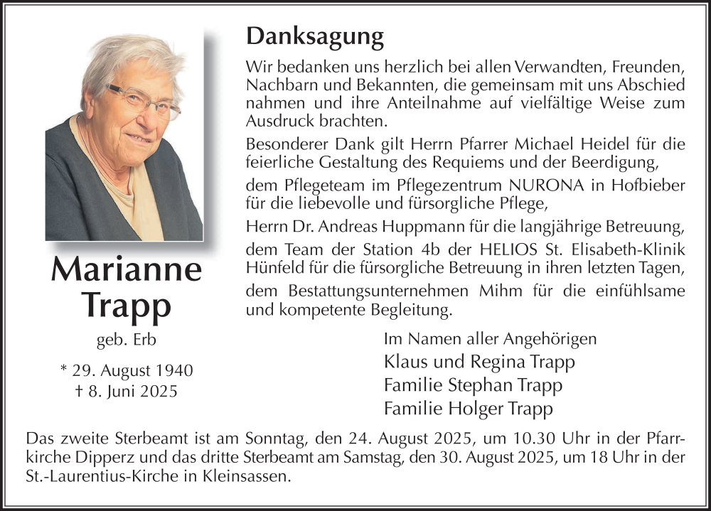  Traueranzeige für Marianne Trapp vom 09.08.2025 aus FZ