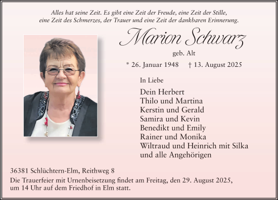 Traueranzeige von Marion Schwarz von FZ