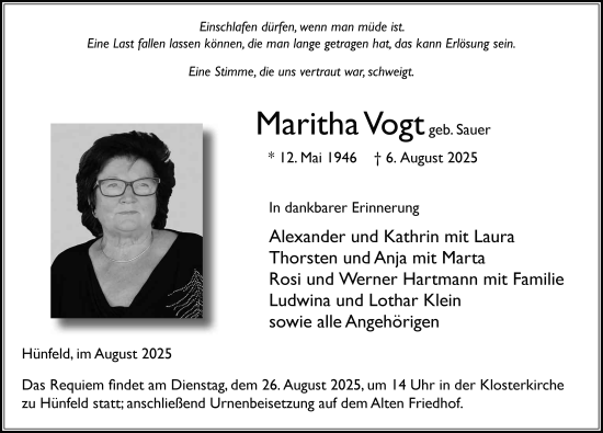 Traueranzeige von Maritha Vogt von FZ