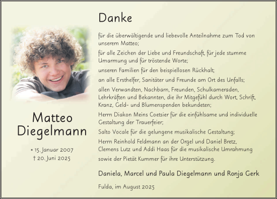Traueranzeige von Matteo Diegelmann von FZ