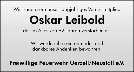 Traueranzeige von Oskar Leibold von FZ