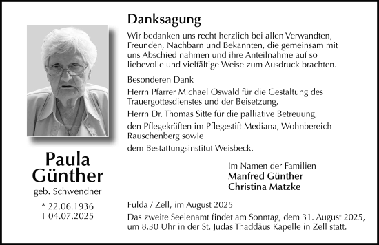 Traueranzeige von Paula Günther von FZ