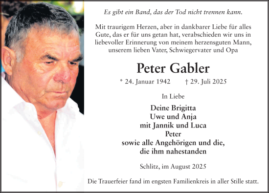 Traueranzeige von Peter Gabler von FZ