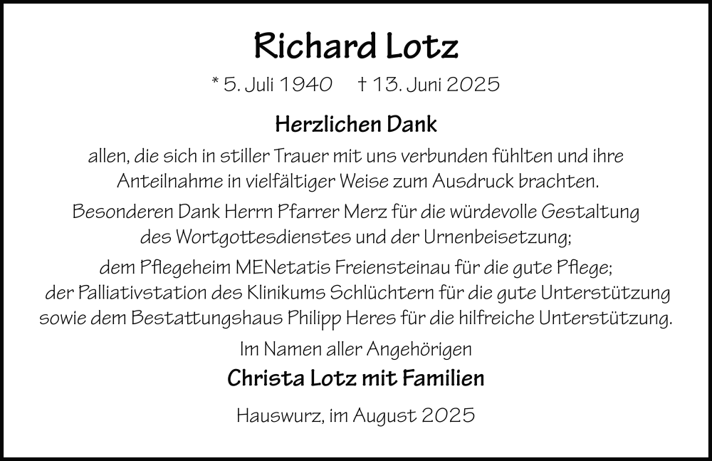  Traueranzeige für Richard Lotz vom 09.08.2025 aus FZ