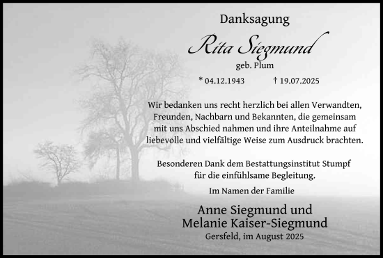 Traueranzeige von Rita Siegmund von FZ