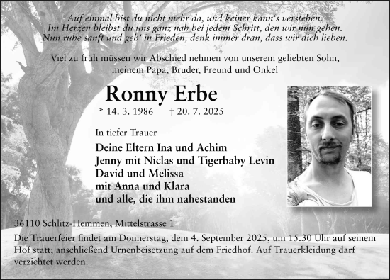 Traueranzeige von Ronny Erbe von FZ