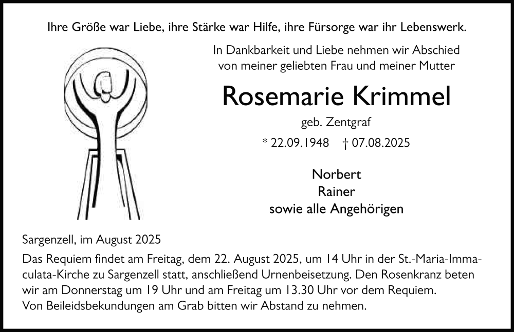  Traueranzeige für Rosemarie Krimmel vom 16.08.2025 aus FZ