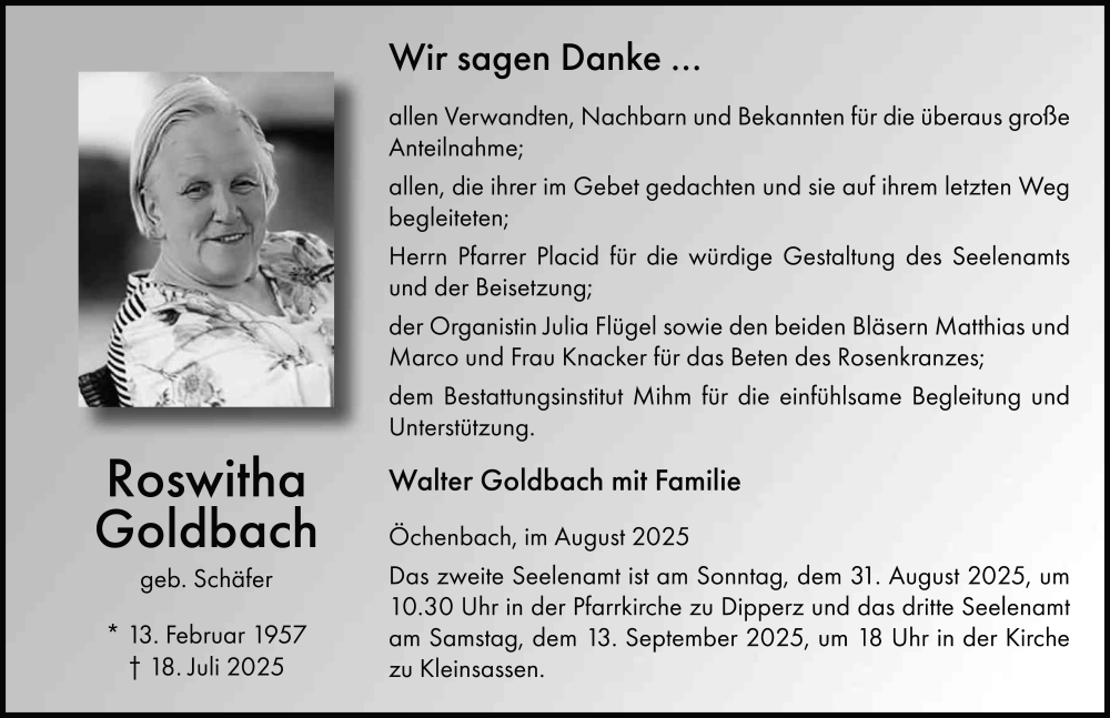  Traueranzeige für Roswitha Goldbach vom 29.08.2025 aus FZ